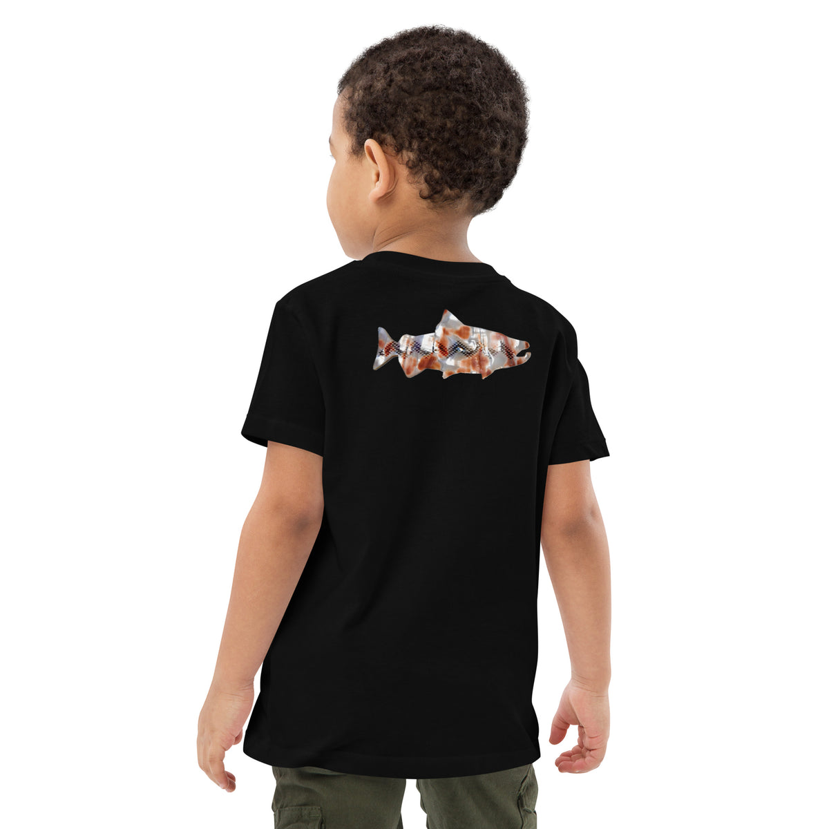Red salmon with basket design, youth tee detail