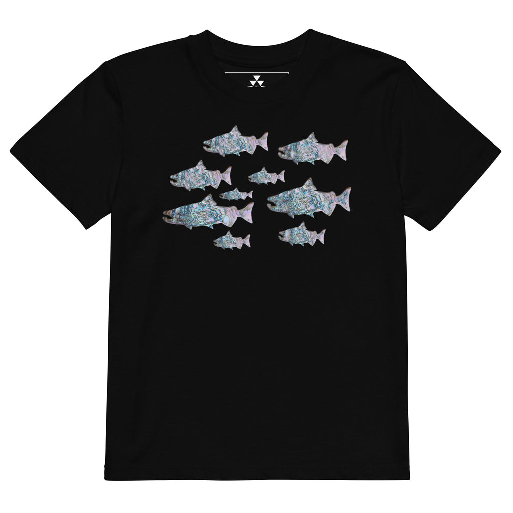 Youth Salmon Return Tee, front, black organic cotton