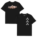 Unisex Red Abalone Tee, front and back, black organic cotton