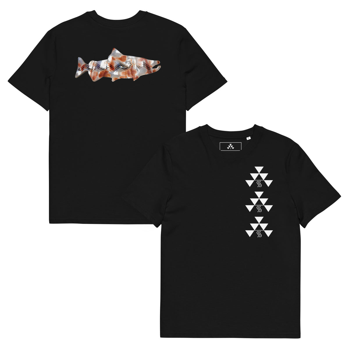 Unisex Red Abalone Tee, front and back, black organic cotton