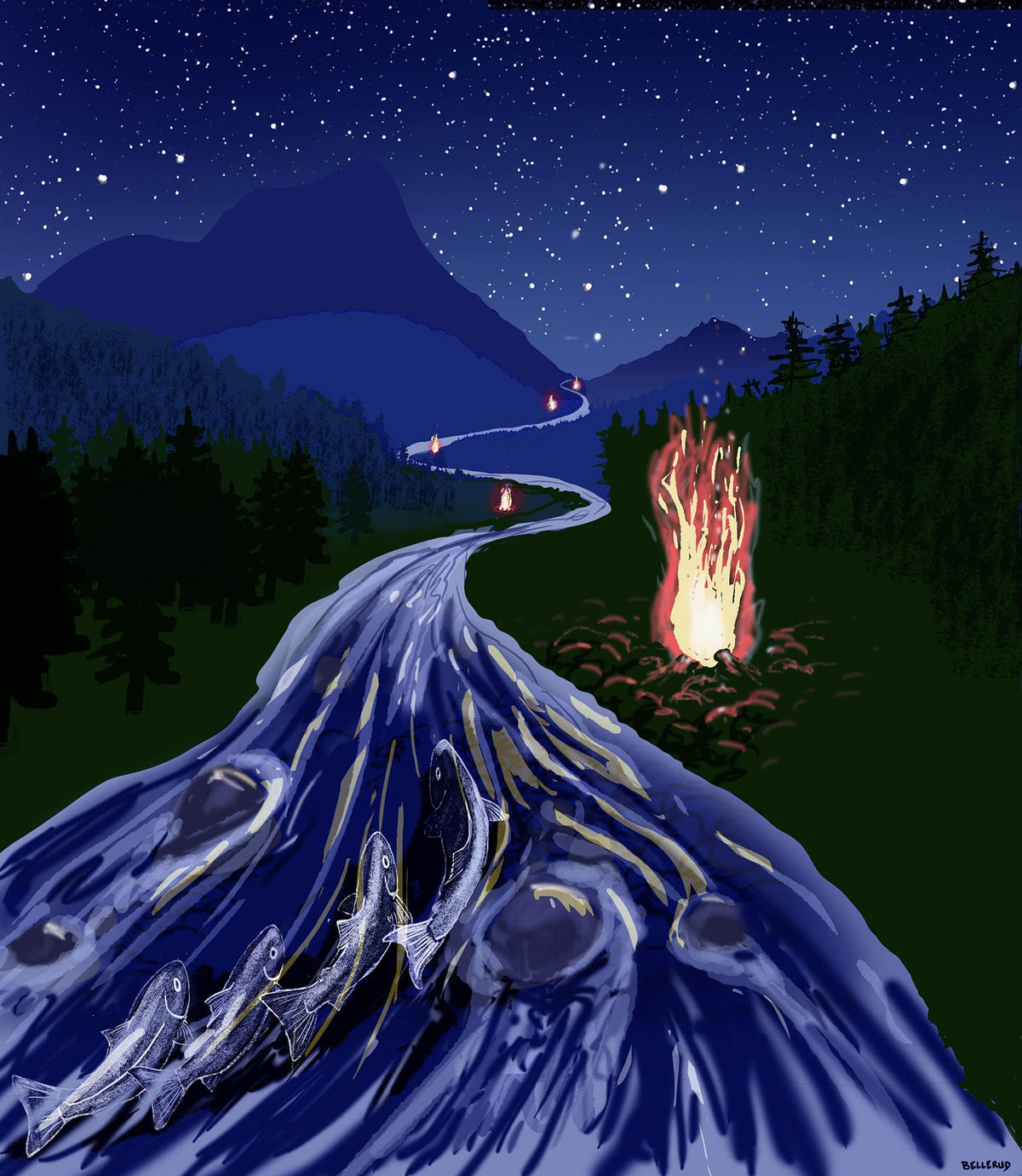 Painting by Bellerud: salmon swimming up a moonlit river toward the mountains, fires along the banks