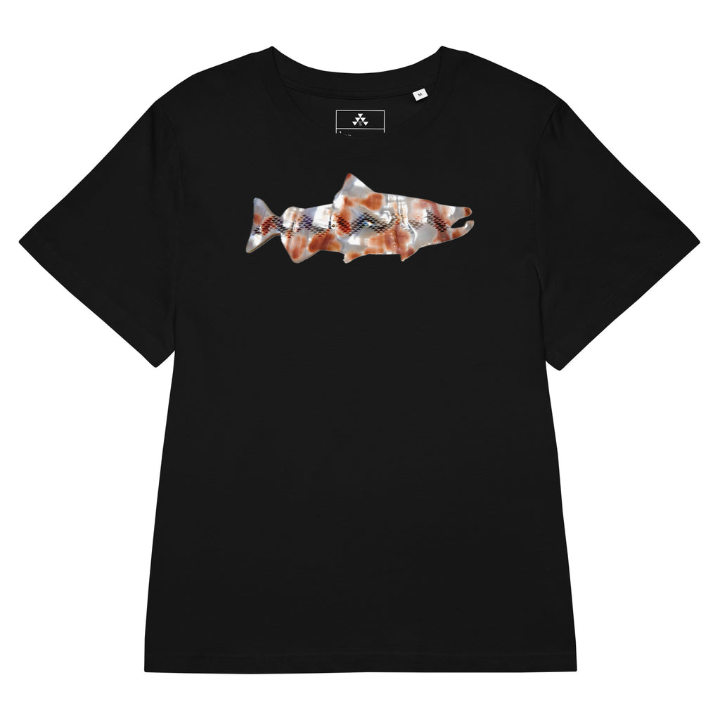 Women's Red Salmon Tee, front, black organic cotton