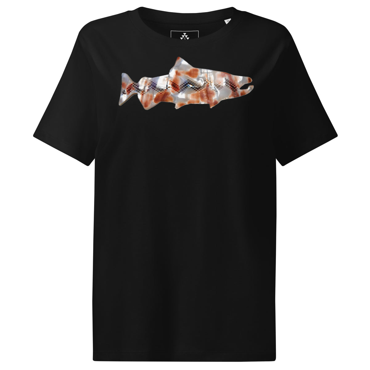 Women's Red Salmon Basket Tee, front, black organic cotton